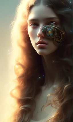 French model , cute, beautiful, Very long hair , wavy hair, curly hair، black eyes, full body, cinematic, 8k, resolution concept art portrait by Greg Rutkowski, Artgerm, WLOP, Alphonse Mucha dynamic lighting hyperdetailed intricately detailed