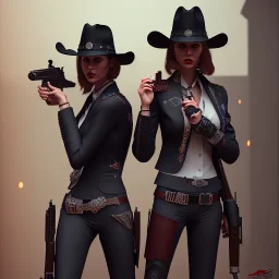 portraitfrom shoulders to head of a male and female gunslingers, badass, two guns, black fedora, dark red eyes, fanatsy, si-fi, photo realistic, ultra realistic, 8k