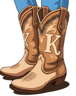 a pair of cowgirl boots with a large "K" in the pattern on the side of the closer boot. Vector illustration