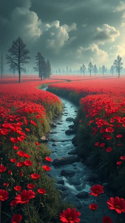 Bosch painting style nightmare , 3D , a big fields of red flowers and river stream trees in the background, high Quality picture , 8k
