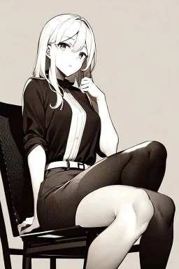 blonde girl speaks sitting on a chair, grayscale