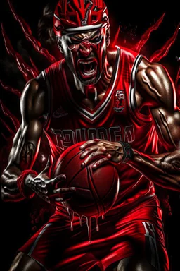 a photorealistic 12k ultra-high-definition rendering of an attractive but mean and cool looking zombie, upclose captured in a dynamic action shot dunking the ball, Wearing a red and white skinny NBA shirt with nail scratch marks, a cool usa sweatband, trendy basketball sneakers, black tights, product photography focus, an explosive and dark background