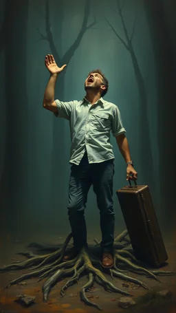 Bosch painting style nightmare, a man with only tree roots legs planted in the ground and head looks up screaming , with an old travelers suitcase , dramatic sad scene, fantasy, scary.