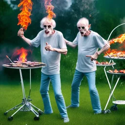 serious crazy man in his sixties in his yard, having a barbecue