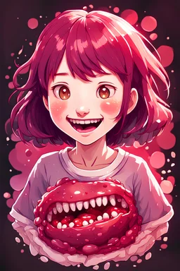 A detailed illustration Anime girl smiling crushed inside really darkred fleshy stomach filled with digestive juices, t-shirt design, in the style of Studio Ghibli, pastel tetradic colors, 3D vector art, cute and quirky, fantasy art, watercolor effect, bokeh, Adobe Illustrator, hand-drawn, digital painting, low-poly, soft lighting, bird's-eye view, isometric style, retro aesthetic, focused on the character, 4K resolution, photorealistic rendering, using Cinema 4D, vector logo, vector art,