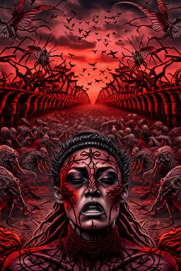 A lot of Prisoners line up in hell in front of a big wall , red clouds in the sky with huge amount of dead people laying on the ground