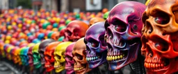 a field of skulls, multi colored, bright, vivid, psychedelic, high detailed, high gloss, insanely detailed, matte, horrorcore, lining the street, unsettling contrast, monument to death