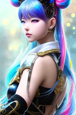 Detailed cute anime Kunoichi girl, rainbow hair buns, rainbow bangs, black latex bodysuit, intricate details, full body portrait, keep head in frame, slight smile, black Japanese motif, concept art, highly detailed, digital painting, concept art, sharp focus, illustration, art by Yoji Shinkawa, WLOP and greg rutkowski and alphonse mucha and artgerm and yanjun Chen and Junji ito and Makoto Shinkai, HDR, octane render