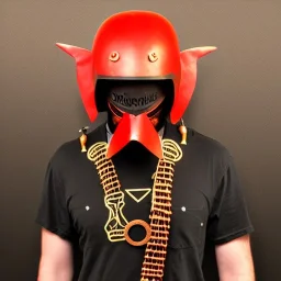 man, red rhino helmet, one man band, steampunk, midjourney style, neon