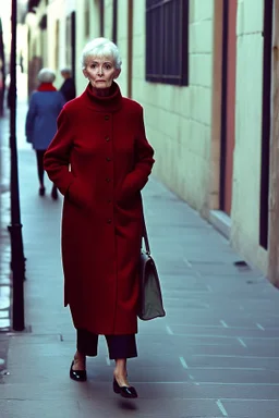 mujeres de 65 años caminando por una céntrica calle de una ciudad española, visten ropa de segunda mano, abrigo y jersey de cuello alto, es la moda y es tendencia, fotografía real, de cara a la cámara