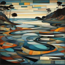 Pacific coastal tidal pools. Modifiers: fantastic view Ivan Bilibin patchwork minimalism Igor Dubovoy Yossi Kotler deeply saturated colour Alice Bailly Dramatic light and shadows mercury glass patina Svetlana Gadjieva Dark metallic tones, burnished patina clearly outlined linear forms with graceful curves Sweeping lines, bold shapes, abstracted v