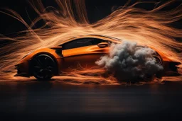 dark background. from the bottom right is a billowing white smoke spiraling from tires(off screen) into smaller strings across the composition, electricity, spray of orange metal sparks streaking across. energetic motion effect.