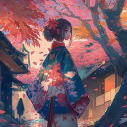 a girl wearing a kimono with ornaments and the leaves falling from the trees near a street filled with beautiful cherry trees futurism, digital art, full details, high resolution, colorful, 4k, HD