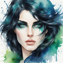 a headshot of an androgynous person with shoulder length black hair, one green eye and one blue eye, intricately detailed, watercolor splash art, brushstrokes