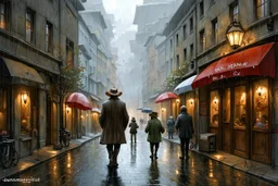 street with some people. Rain and fog. Rainy day. Jean-Baptiste Monge style, watercolor, ink. Picturesque and colorful. Modifiers: highly detailed intricate 8k beautiful award winning fantastic view very cute no watermark Yasek yerka