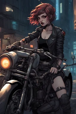 vampire girl with short cropped cyberpunk hair riding a cafe racer motorcycle in a post apocalyptic city at night