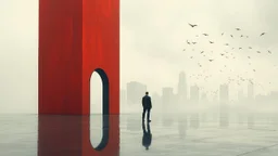 A solitary figure stands on a reflective surface, facing away from the viewer. To the left, abstract, textured architectural elements in vibrant red and yellow rise, with a dark archway visible within the red structure. The background is shrouded in a misty, atmospheric haze, revealing silhouetted buildings and a flock of birds in flight. The overall mood is surreal and contemplative, with a strong emphasis on geometric forms and reflections.
