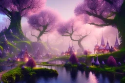 Immersive​ fantasy elven town city in the deep forest with ancient elder tree beautiful blossom nature river 4k full hd