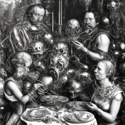 Marjorie Green Taylor, Ron Desantis, eating dinner, detailed black-and-white etching Dürer style