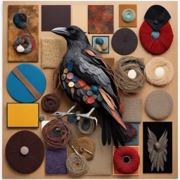 Collage of various mediums making up an abstract crow image, metal and glass and fabric and corduroy and wood and paper and velvet and yarn, various rough textures, sharp contrast, pronounced textures, sharp juxtaposition of materials, colorful, sharp focus, maximalism, by Jean Tinguely