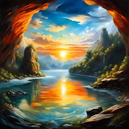 The art of painting on glass in the reality of an overlapping sky, a sun cave, clouds playing with nature. In the sword of time, it cuts the sea of ​​reason. Imagination and reality mixed in the river of honesty