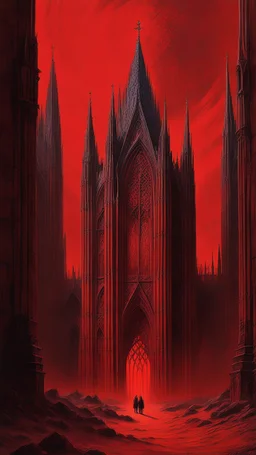 A gothic cathedral in the middle of a desert, blood red background, crisp quality, beautifully lit, in the style of Zvidslav Beksinski