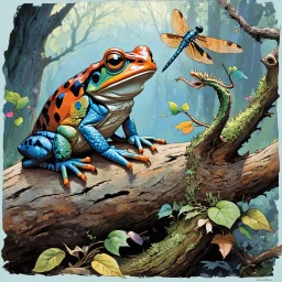 Create a digital pop art poster in the style of James Jean depicting a whimsical multicolored Toad sitting on a heavily textured fallen tree with rough bark and lichens and looking up at a dragon fly. Use a variety of pastel colors.