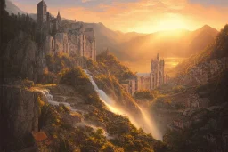 beautiful waterfall between lush mountains in the sunset casting rays of light into medieval city below, highly detailed, baroque, brutalist architecture, sharp focus, artgerm, cgsociety, desaturated by syd mead