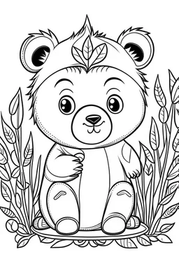 cute coloring page, sketch style, cute baby bearin the wood, cute cartoon, white and black, withe background, no shadows, outline.