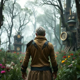 Scene from a modern fantasy live-action movie featuring the "Garden of Practicality", the Clockwork Forest Realm of Ix Chel, Cyberpunk style. At most one human being viewed from the back, in middle distance from the view point.