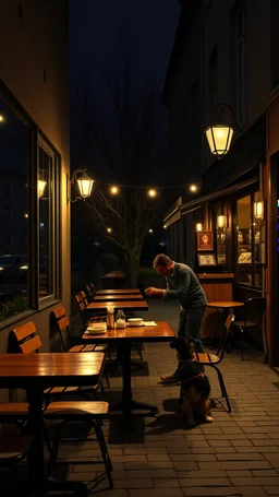 Cafe table outside with at night with dim lights on the tables in the style of vincent van Gogh, without people and animals only one man cleaning up and his dog