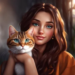 very beautiful realistic cartoon girl with cat