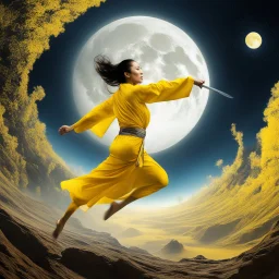 [fractal art: Apophysis, Mandelbulb 3d, Ultra Fractal] Michelle Yeoh as a martial artist monk in a yellow suit is jumping in the air next to planet with a large moon [Crouching Tiger, Hidden Dragon]