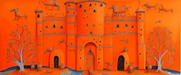 An orange colored fortress with mice designed in ancient Egyptian hieroglyphics painted by the Limbourg brothers