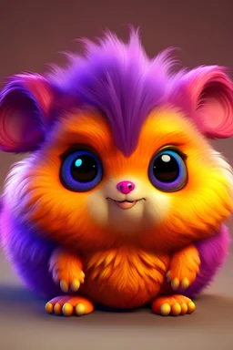 small creature, rounded body with short legs and a fluffy tail.fur is soft and velvety. patches on its belly.pink, orange, and purple, eyes are large,