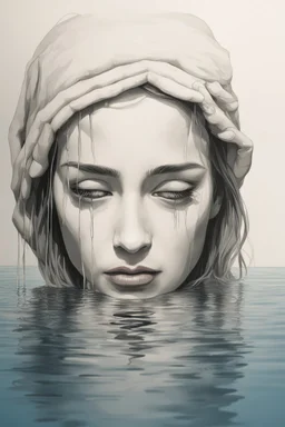 Artwork of t-shirt, Wide angle, half of face on water surface of a woman eyes are full of tears in swimming pool. Broken heart, sadness, down deep