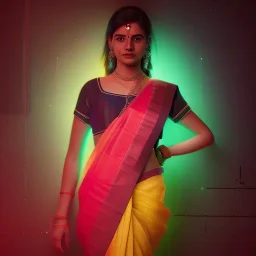 full frame photo of a girl in saree in dark room with neon light ,hyperrealistic,detailed,8k,cinematic