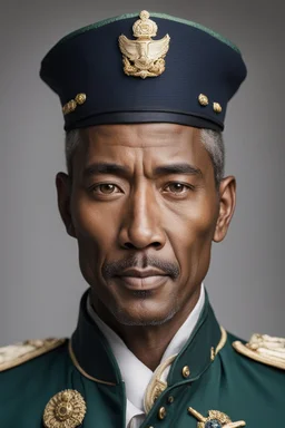 dark skinned oriental man of 45 years old of age, green oriental eyes, dressed as a naval captain