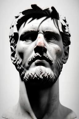 Ultra Realistic image, roman sculpture, white marble material, Lionel Messi, Laurel leaves wreath, miguel angel style, chisel style, emperador, waist up portrait, ultra hd, perfect texture, epic, celestial, cinematic lighting, God light, god rays, 4k resolution, smooth details, ornate details, soft lighting, unreal engine 5, marble background.