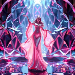 very complex structure ,pretty viberating color environment 3d metalic and crystal recursive animating beveled geometric base very complex structure future world evolving background and goddess realistic modern lady in pretty cleric dress comes out dancing gracefully , viberating color moving very in modern city escap environment while camera tracking it.