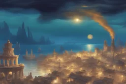 concept art bustling medivial fantasy port City with temple and sailing ships in the Water. On the horizon is a Storm