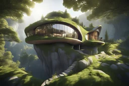 An organic round-shaped house perched on the edge of a cliff, surrounded by a mystical forest, the sunlight filtering through the leaves, casting enchanting patterns on the architecture, Architectural 3D rendering using Unreal Engine, with a focus on realistic textures and lighting