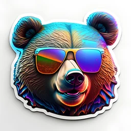 sticker on white background, 3d Head of a Bear with sunglasses, psychedelic, octane render, unreal engine 5, DMT art, funny, smiling