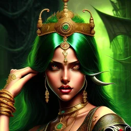 fantaisy setting, medieval fantasy, insanely detailed, woman, indian, dark skin, green hair strand