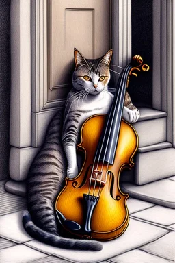 One single mature cat, sleeping in a corner on the street, violin case, Vienna, perfect iris, model style, hyper realistic, extremely accurate, delicate, extremely detailed, Graphic novel style, wide-angle, open aperture, superfine pencil