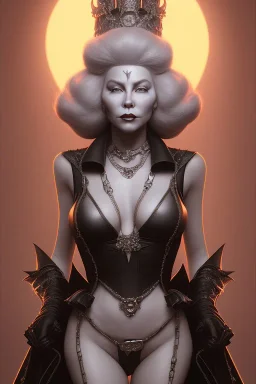 Mae West as evil queen in black leather, leather, busty, cleavage, angry, stern look. character design by cory loftis, fenghua zhong, ryohei hase, ismail inceoglu and ruan jia. unreal engine 5, artistic lighting, highly detailed, photorealistic, fantasy