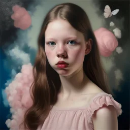 Fresco portrait of Mia goth, Cotton candy dress,rosy cheeks