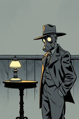 a small table with lamp, with a man standing beside wearing a gas mask and wide brimmed flat top hat, elevated perspective, graphic novel