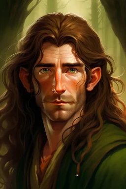 Hobbit, braune lange wilde Haare, große, auffällig dicker Nase, gepflegter kurzer Bart, kein Vollbart, grüne Augen, hübsch, sehr jung (etwa zwanzig Jahre) , Druide, gebräunte Haut