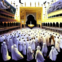 The scene in Mecca: People wearing white Ihram clothes, men without head coverings, women with veils, circumambulating around the Kaaba, and above them are transparent white spirits of children, men, and women with wings revolving around the Kaaba.